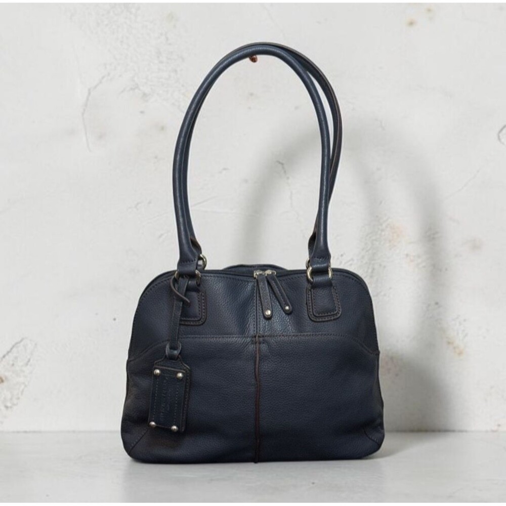 Tignanello Navy Blue Pebbled Satchel Top Handle Zipper Close Silver Hardware EUC